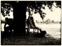 Im Schatten unterm Baum  Pentax K-01, Retro Sepia Bearbeitung - 19.07.2016 - : Bank, Baum, Dackel, Fluss, Frau, Hund, Mann, Rhein, Wasser