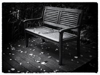 Die Gartenbank im Herbst  Pentax K-01, Film noir Bearbeitung - 27.10.2016 - : Garten Erlenstraße, Gartenbank, Herbst, Holzplattform