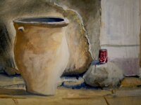 Knossos  Ausschnitt aus meinem Gemälde Knossos_antike Mauer : Stein, Tonkrug, Mauer, Gemälde, Coca Cola Dose