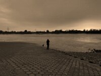 Abends am Rhein  iPhone 8 plus,  Sepia grafische Umsetzung  - 09.November 2018 - : Abendrot, Kind, Fähre, Fluss, Mann, Rheinufer, Orsoy, Walsum, Rhein, Abenddämmerung, Anleger, Sonnenuntergang